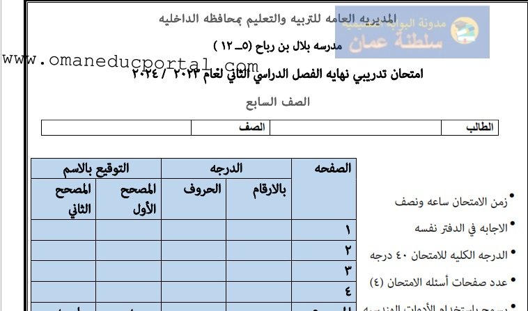 امتحان تدريبي مع الاجابة رياضيات للصف السابع الفصل الثاني 2023 2024 